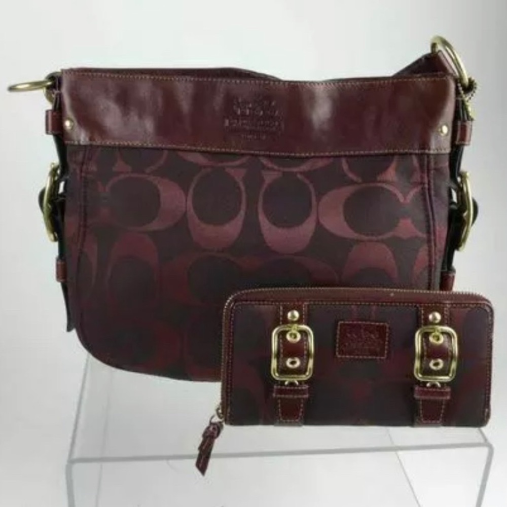 COACH Maroon Jacquard Shoulder purse & Wallet set NWOT